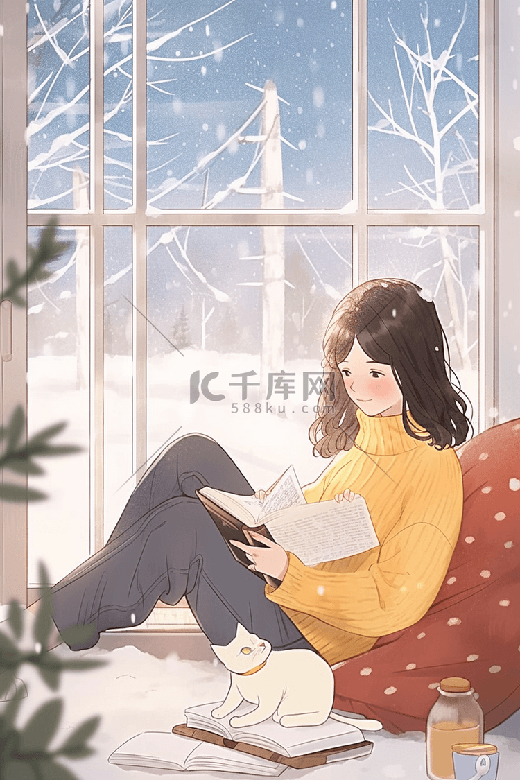 暖阳窗前女孩看书手绘插画冬日