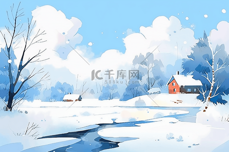 雪景水彩冬天手绘插画