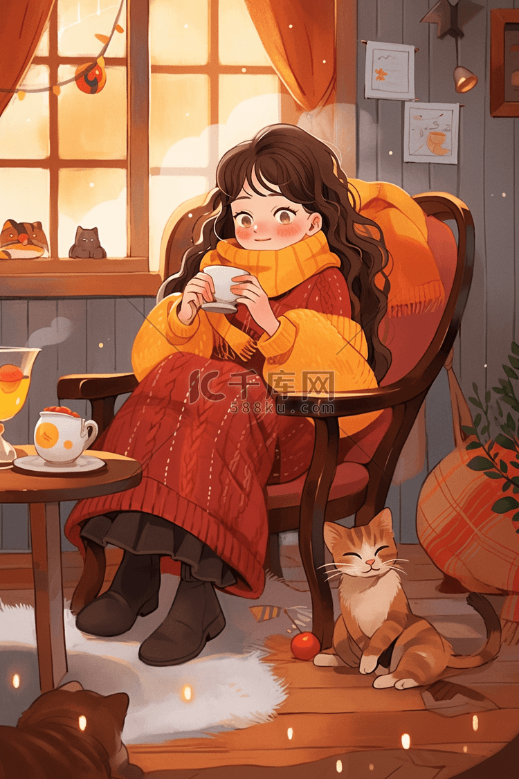 喝咖啡女孩手绘海报冬天插画图片-千库网