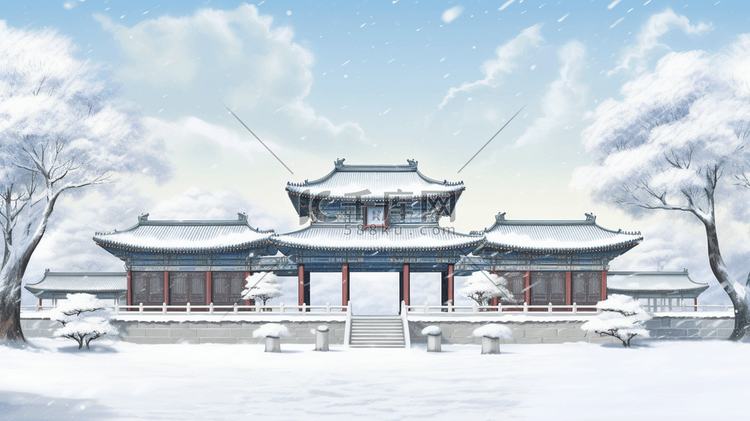 古建筑城墙周围雪景插画30
