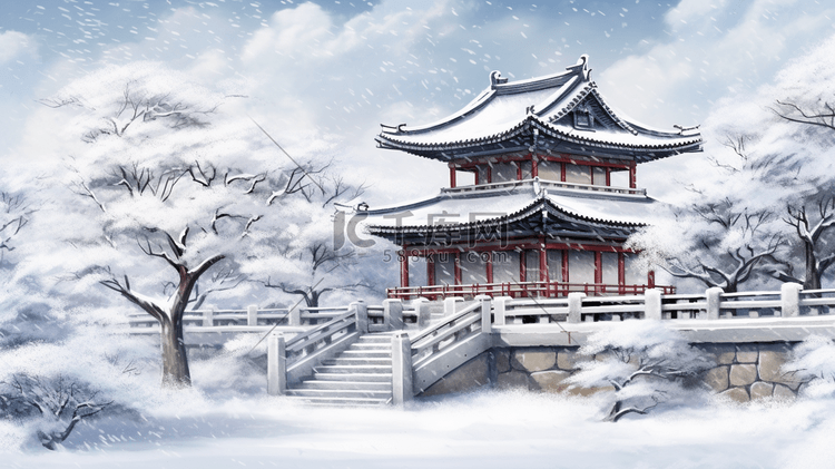 古建筑城墙周围雪景插画26