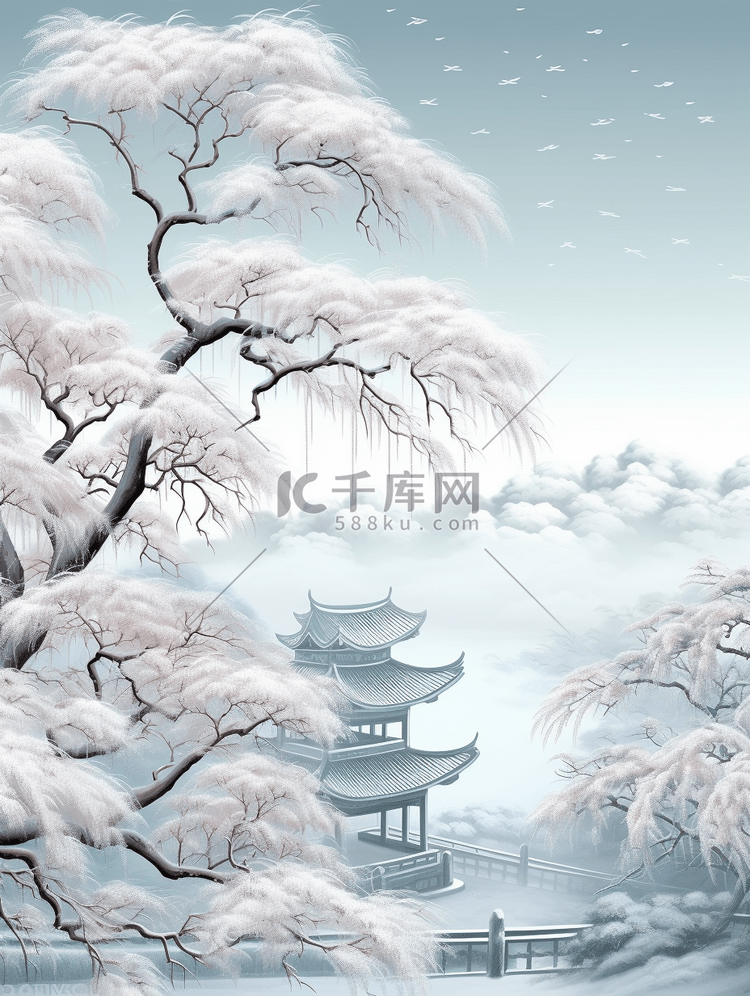参天大树雪中雾凇美景插画16