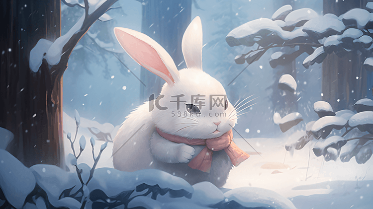 雪地里戴着围巾的小兔子