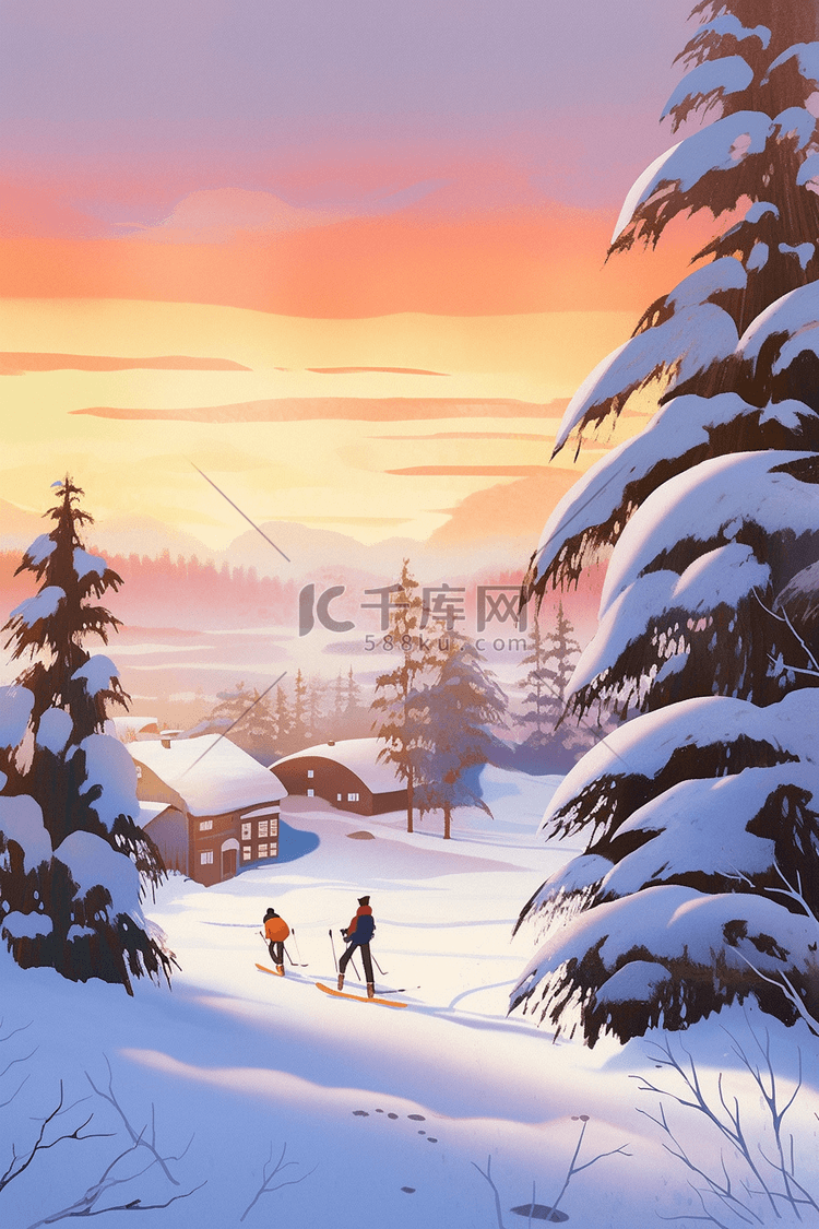 雪景晚霞滑雪手绘插画冬天海报