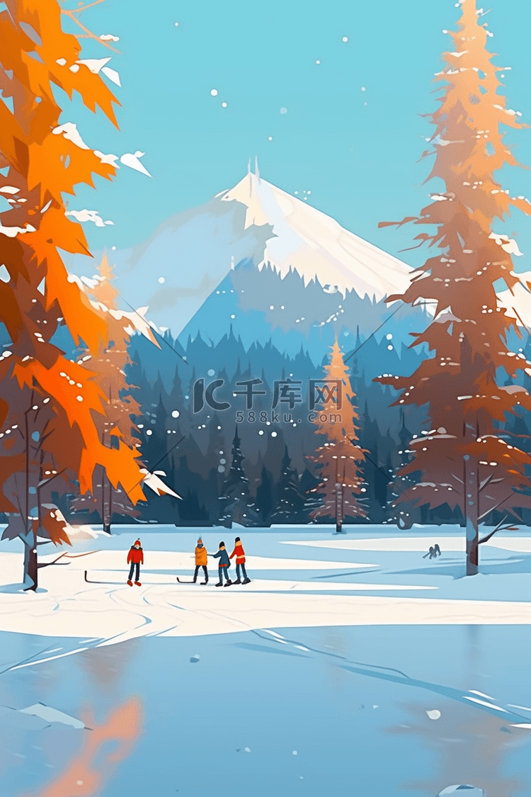 雪景一群人滑雪手绘插画冬天海报
