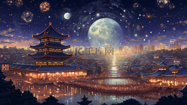 中国古代城镇节日庆典夜景插画11