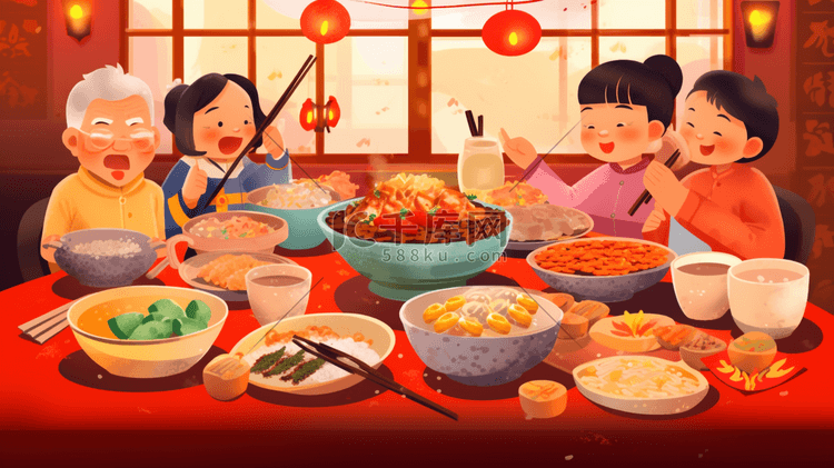 春节一家人围桌吃年夜饭插画3
