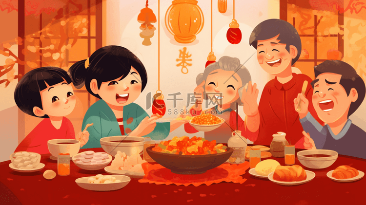春节一家人围桌吃年夜饭插画12
