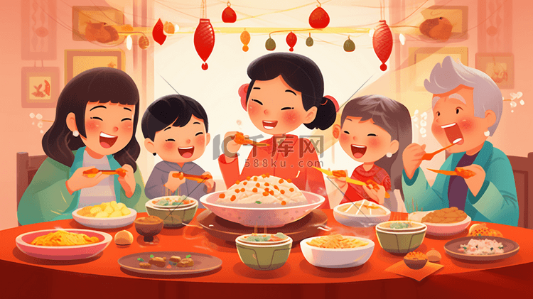 春节一家人围桌吃年夜饭插画6