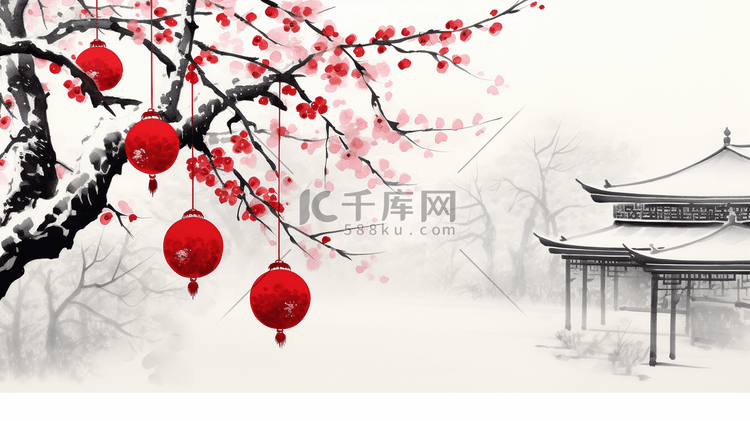 春节红梅树和灯笼插画9