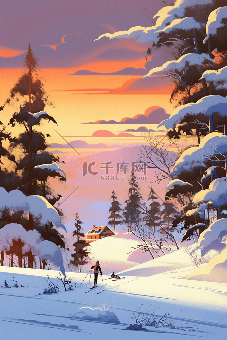 冬天雪景晚霞滑雪手绘插画海报