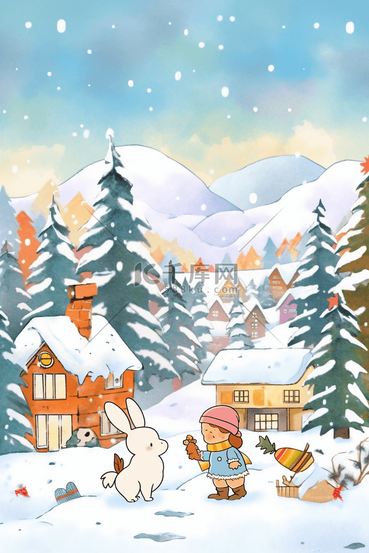 冬天风景下雪唯美手绘插画