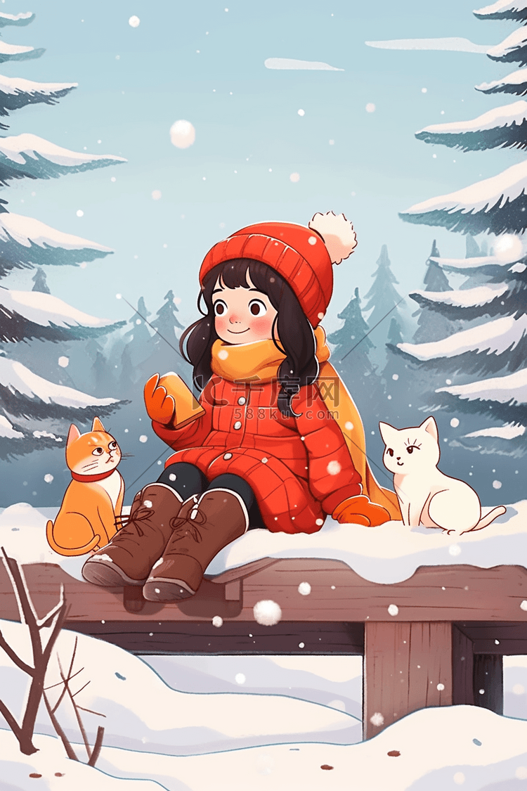 可爱女孩小猫雪景手绘插画冬天