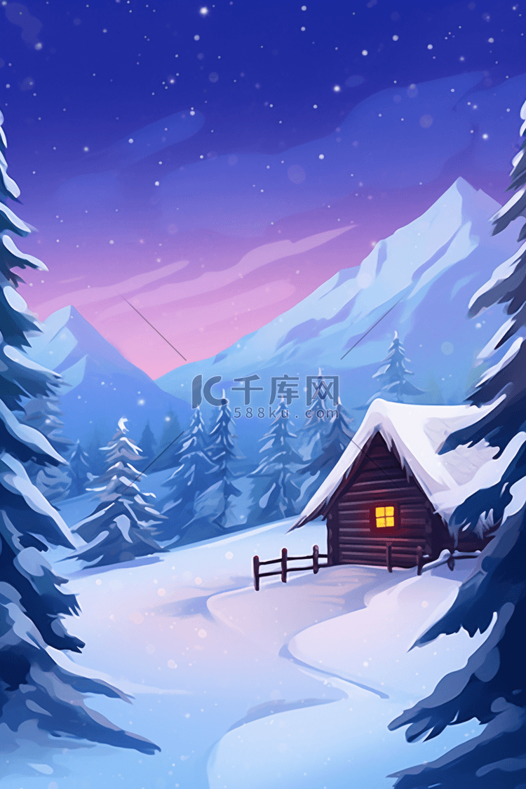 冬天夜晚唯美雪景手绘插画海报