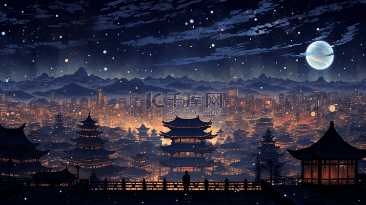 灯火通明的中国古代城镇夜景插画4