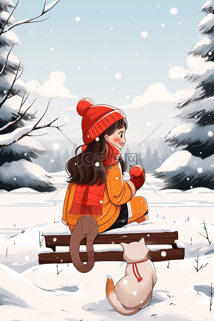 冬天可爱女孩小猫手绘雪景插画