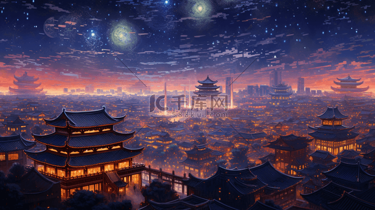 灯火通明的中国古代城镇夜景插画3