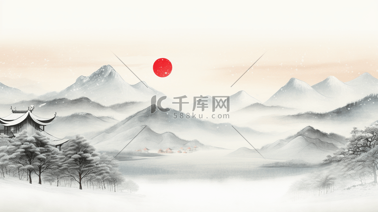 中国丛山山水红日水墨插画14