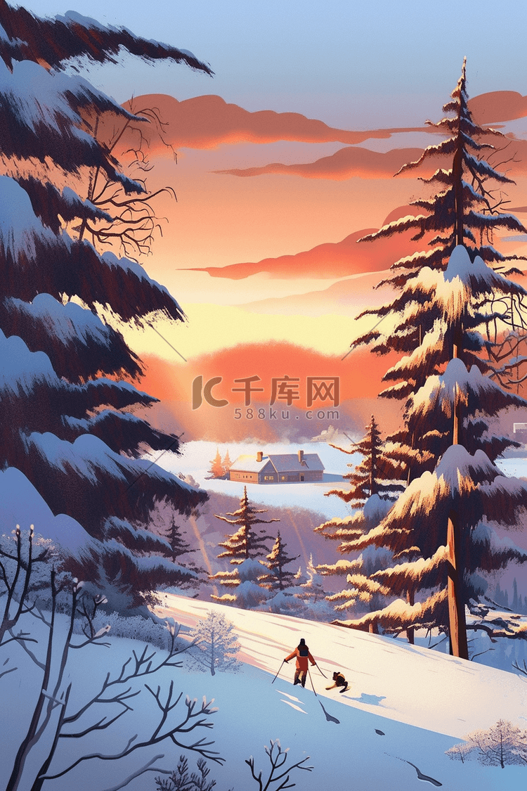 雪景晚霞滑雪手绘插画海报冬天