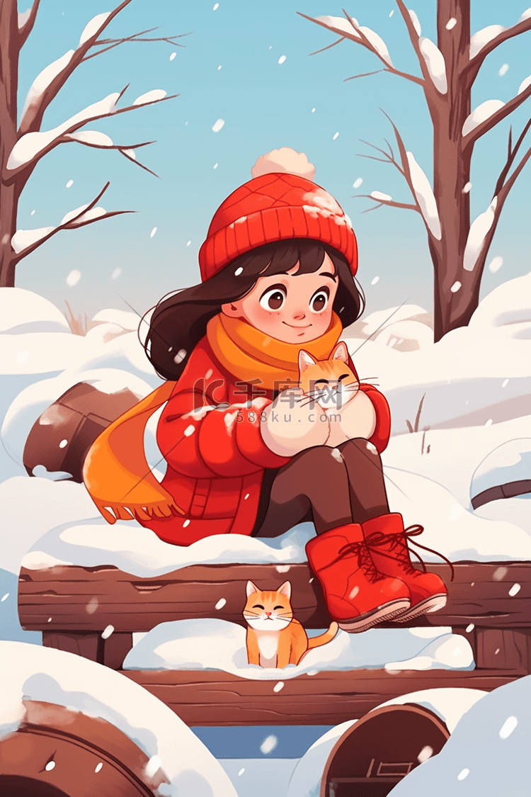 冬天可爱女孩插画小猫雪景手绘