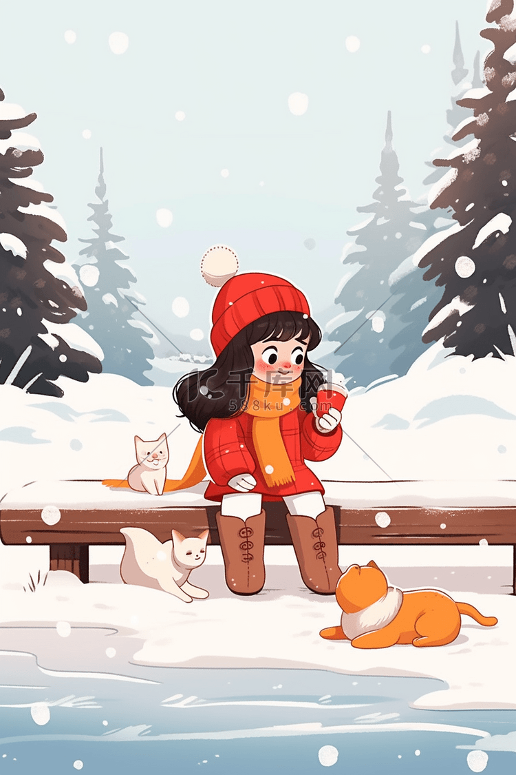冬天可爱女孩手绘小猫雪景插画