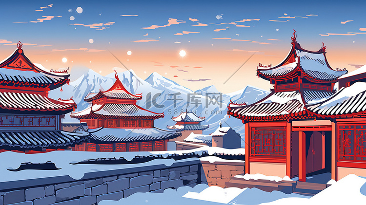 冬天雪中中国红墙古建筑10