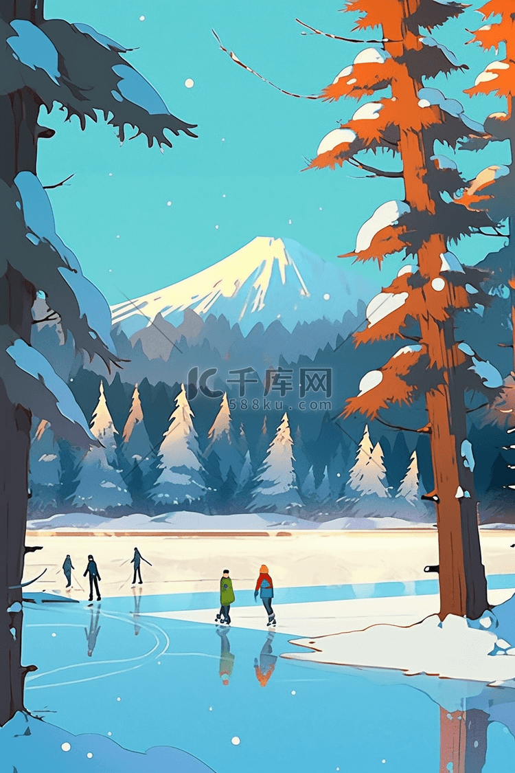 雪景冬天一群人滑雪手绘插画海报