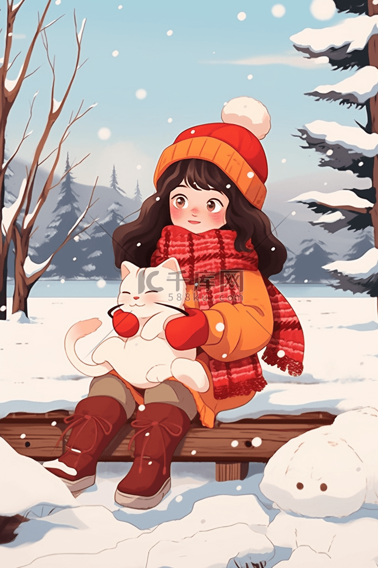 手绘冬天可爱女孩小猫雪景插画