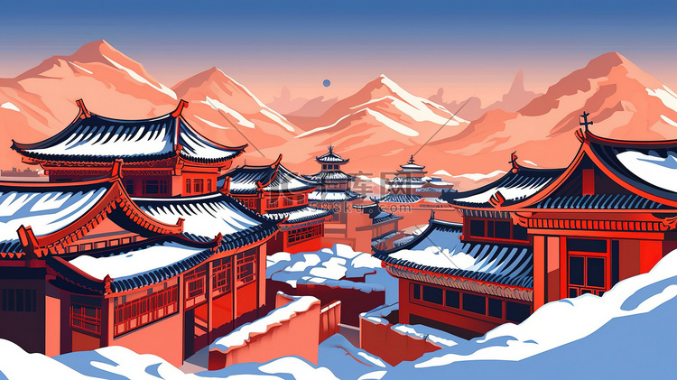 冬天雪中中国红墙古建筑20