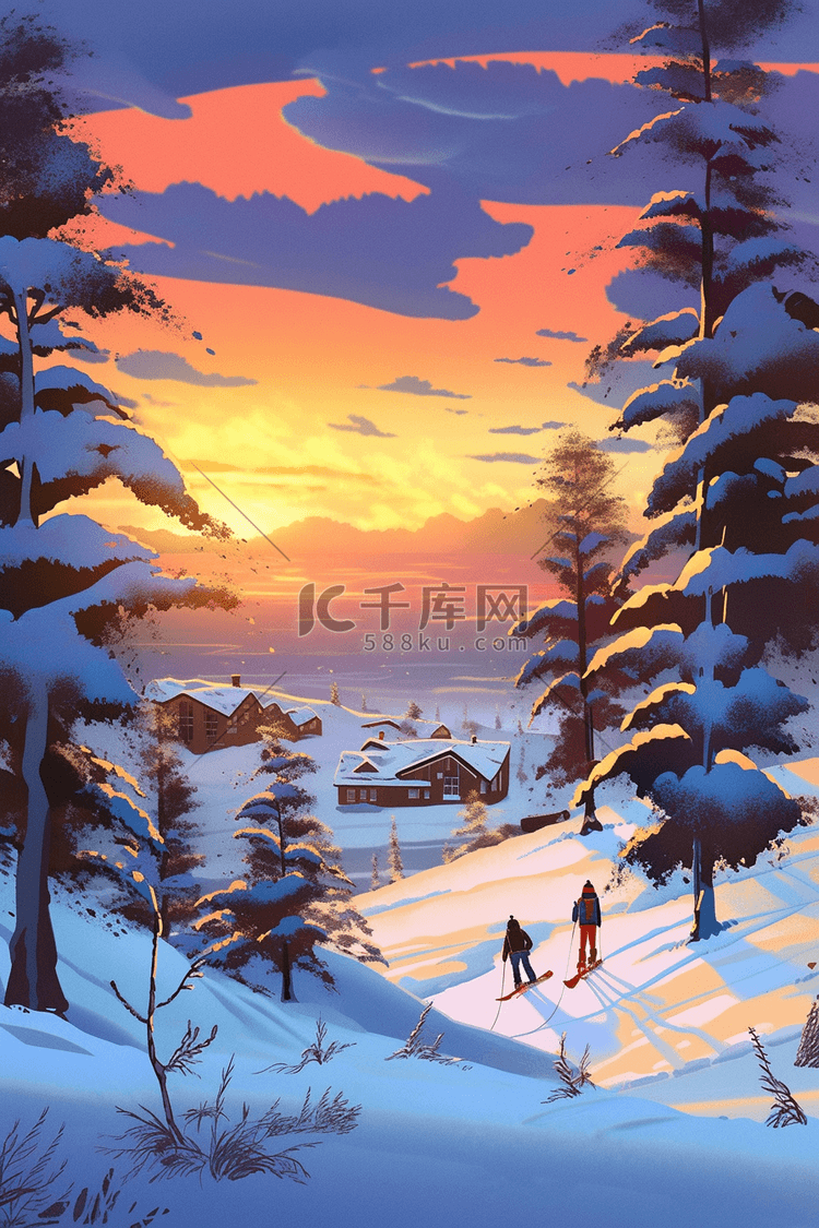 滑雪冬天雪景晚霞手绘插画海报