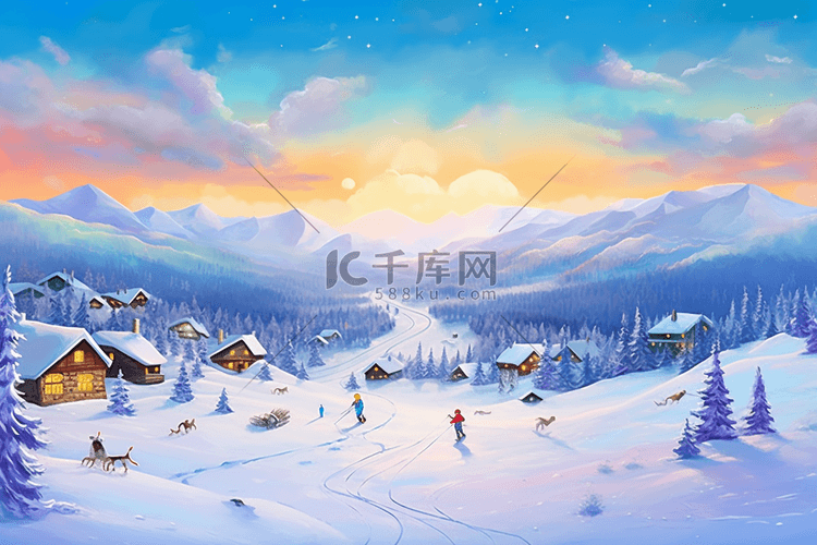 唯美冬天雪景滑雪雪山手绘插画