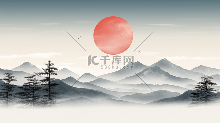 中国丛山山水红日水墨插画2