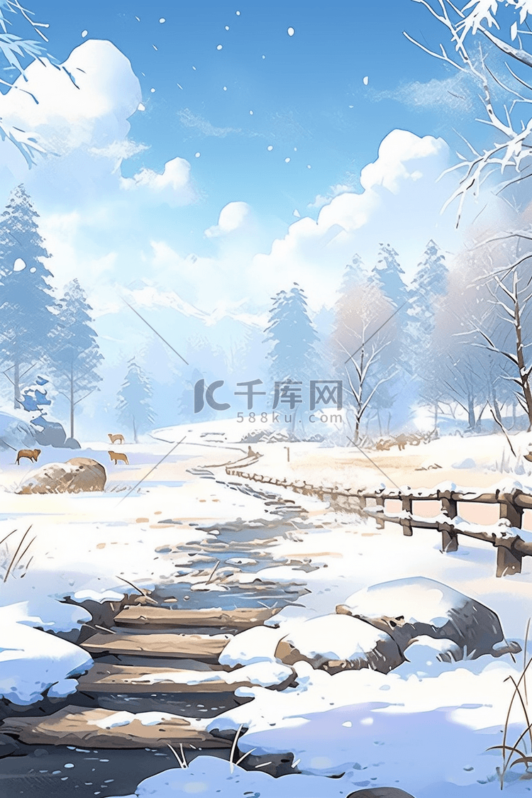 冬天唯美雪景插画手绘海报