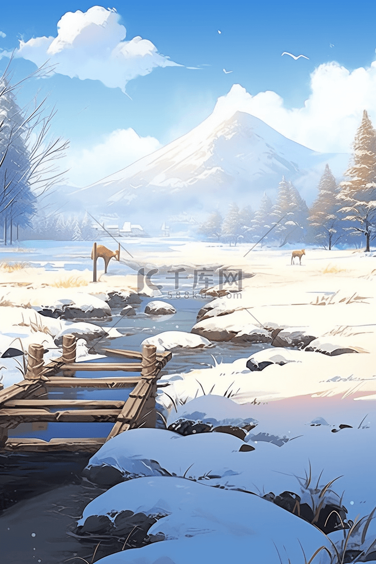 冬天唯美手绘雪景插画海报