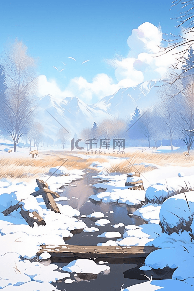 冬天唯美雪景插画海报手绘