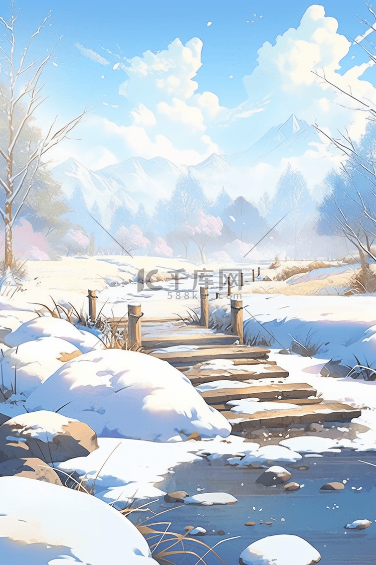 雪景冬天唯美手绘插画海报