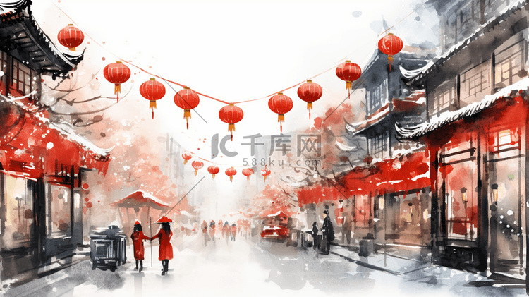 中国风水墨年货大街插画5