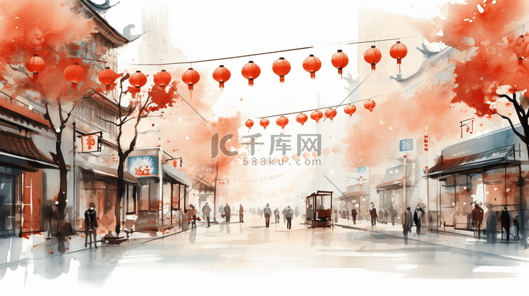 中国风水墨年货大街插画18