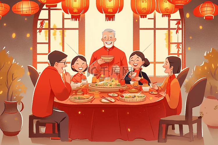 新年团圆聚餐插画手绘海报