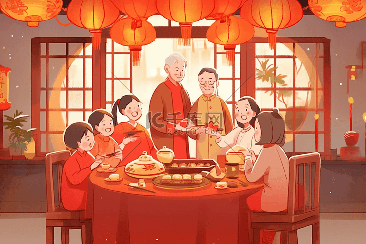 聚餐新年团圆手绘插画海报