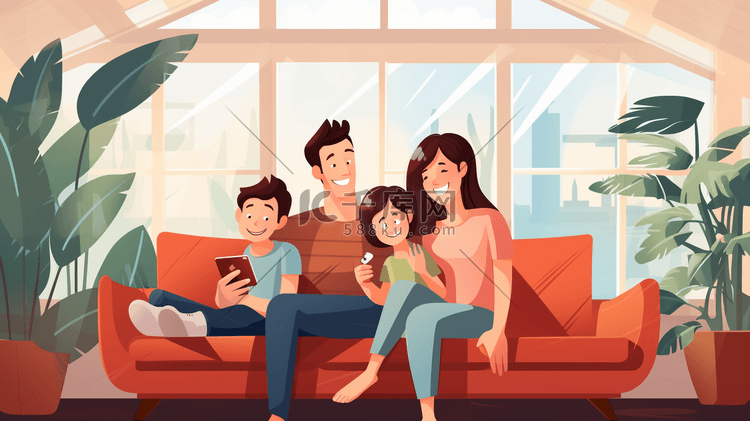 爸爸妈妈父母孩子客厅沙发亲子欢聚时光阖家欢乐插画人物