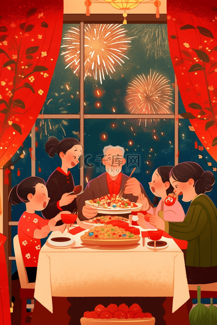 新年团圆聚餐家人手绘插画