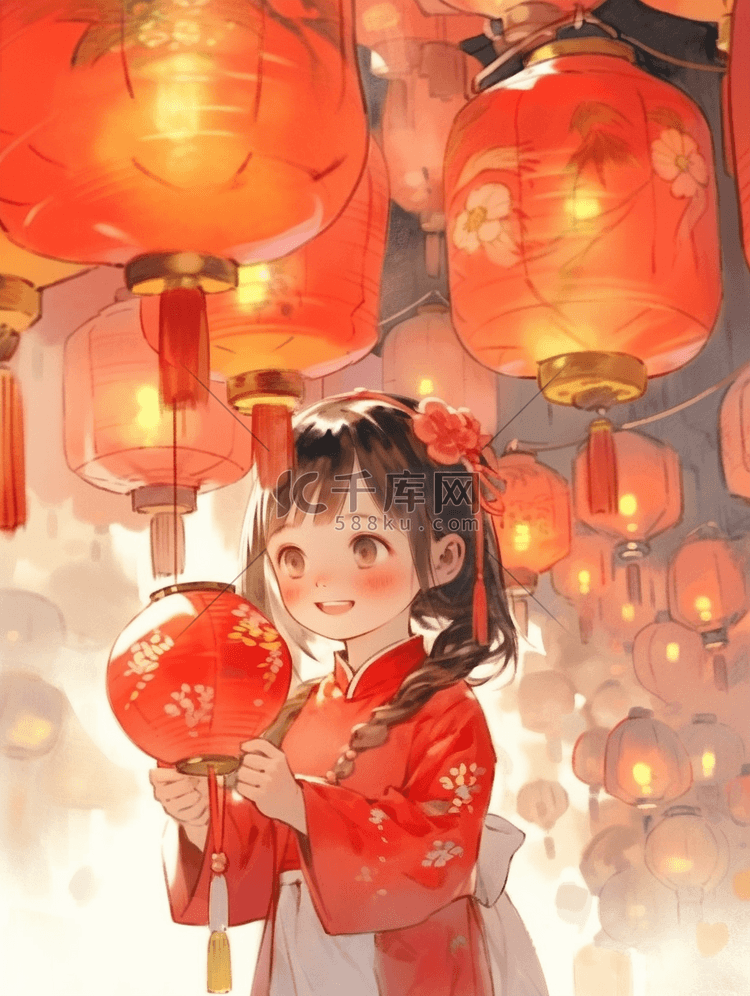 新年插画灯笼女孩手绘海报