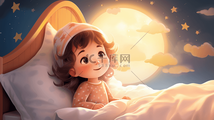 躺在床上的小朋友小女孩孩子被子睡觉星星白云插画