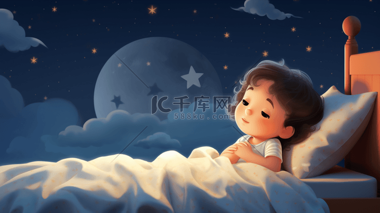 躺在床上的小朋友小男孩孩子被子睡觉星星白云月亮插画