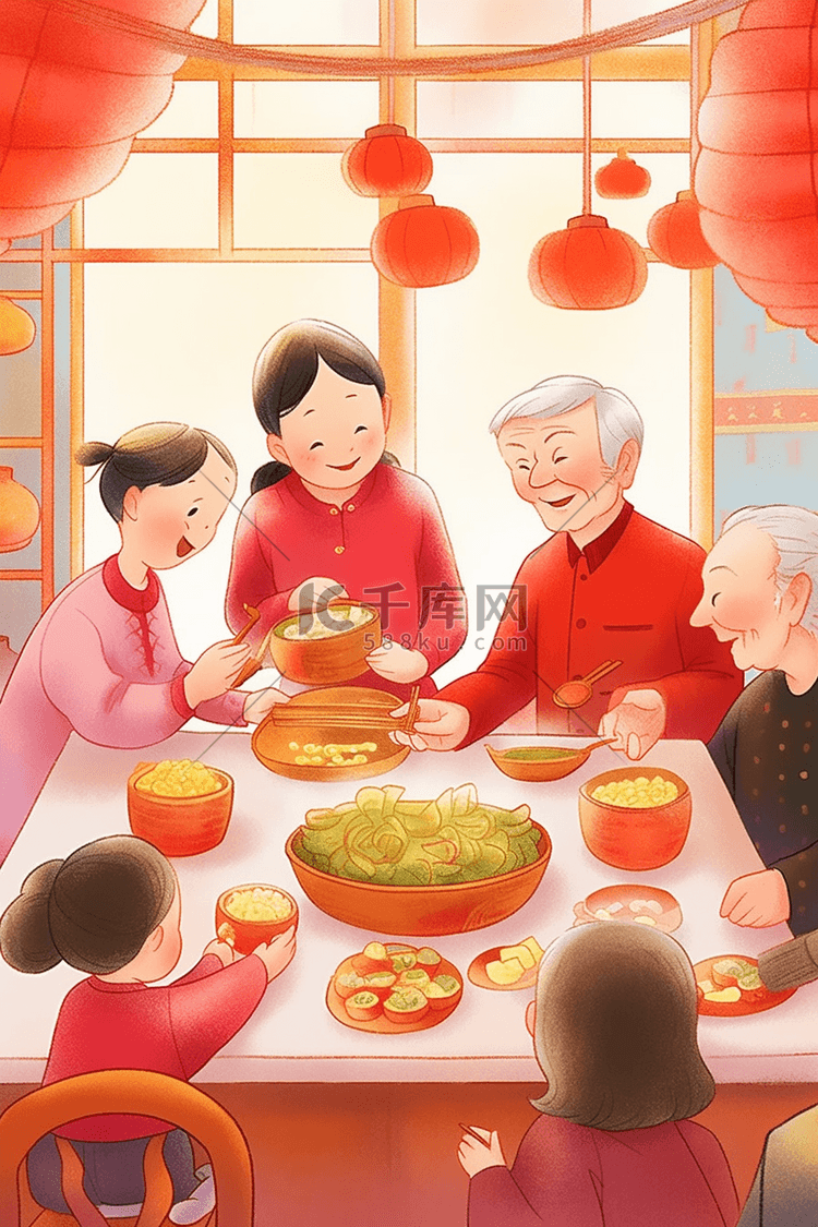 一家人团圆包饺子手绘插画新年