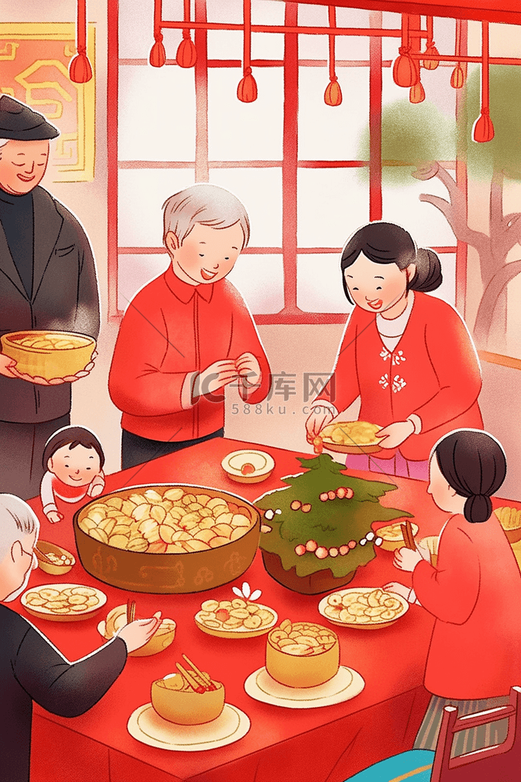 新年一家人团圆手绘插画包饺子