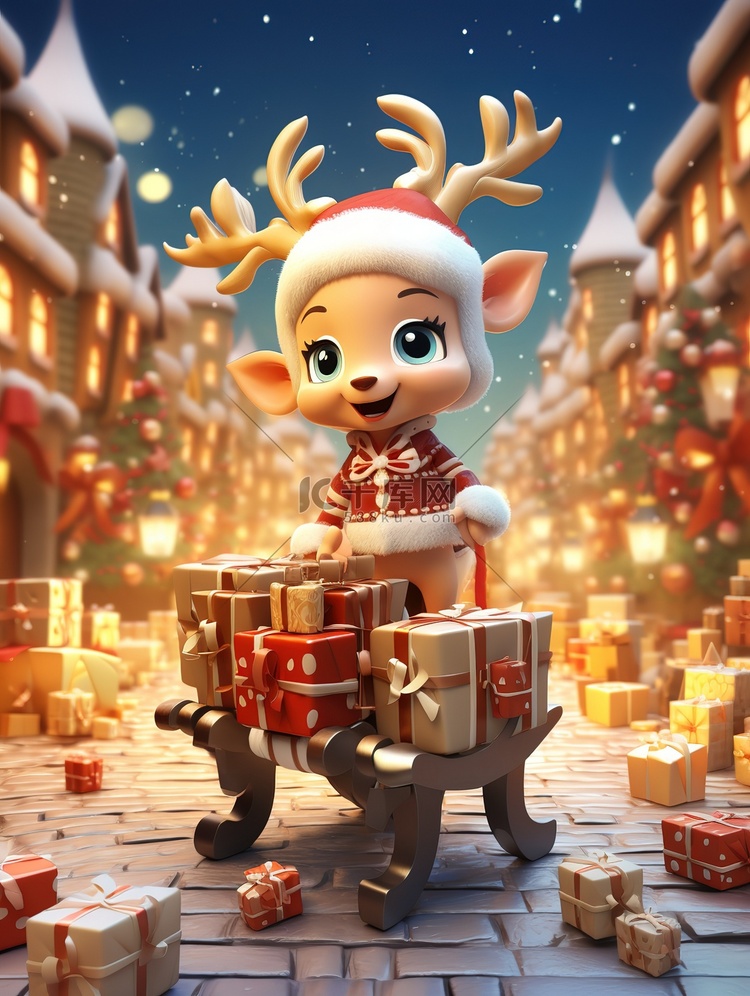 圣诞节雪橇麋鹿3D圣诞节AI作品AI绘画AI2024节日圣诞礼物