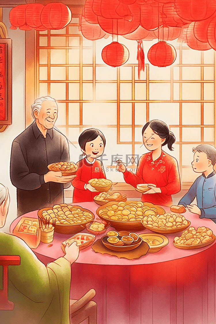 新年插画一家人团圆包饺子手绘