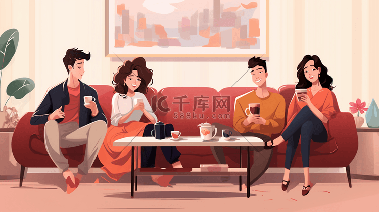 青年人家沙发上喝茶欢聚热闹愉悦插画人物